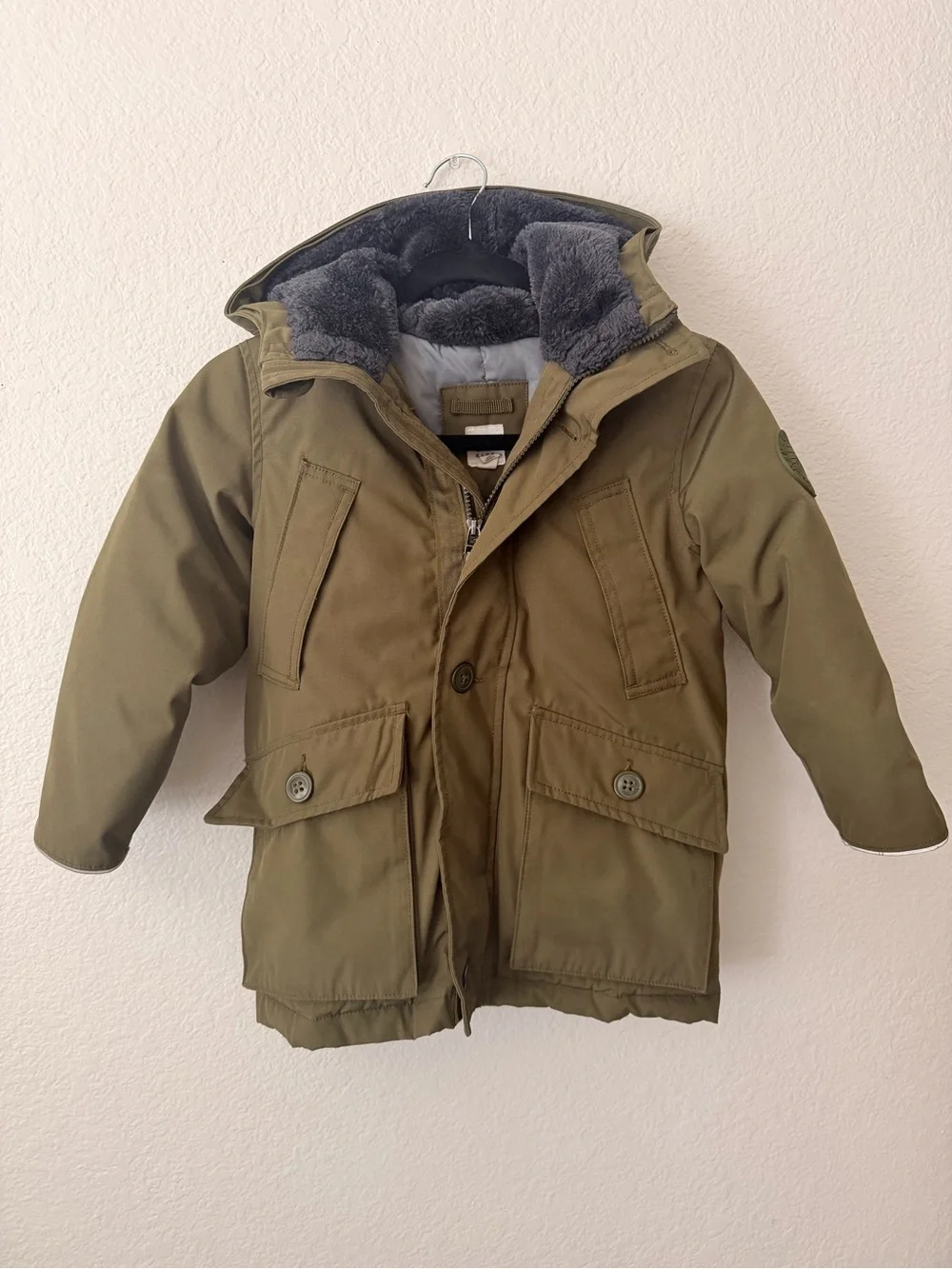 GAP Dark Green Puffer Parka with Faux Fur Hood